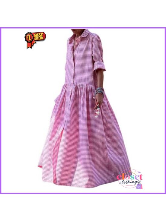 Dresses & Skirts - Plaid Button Down Maxi Shirt Dress Long Sleeve A-Line Swing Gingham